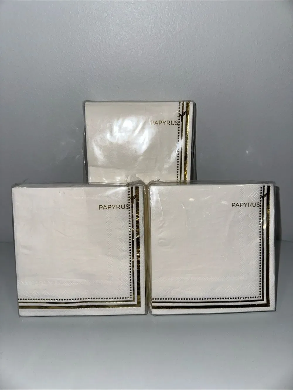 PAPYRUS White Gold Trim Matching Square Cocktail Lunch Napkins 40 pk x 3